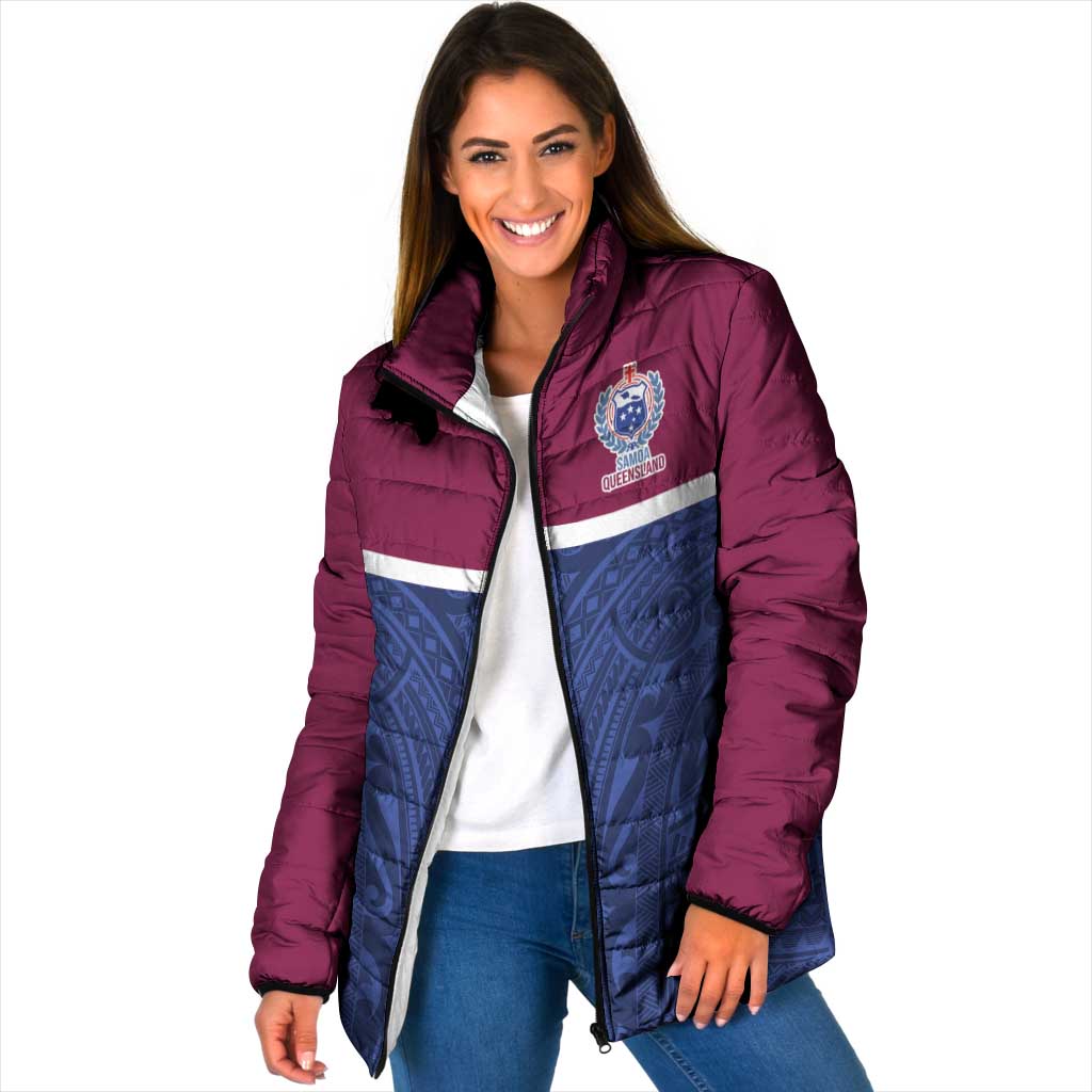 Queensland Samoa Custom Padded Jacket Maroon-Blue Pacific Polynesian Tribal Pattern LT9 Women Dark Blue - Polynesian Pride