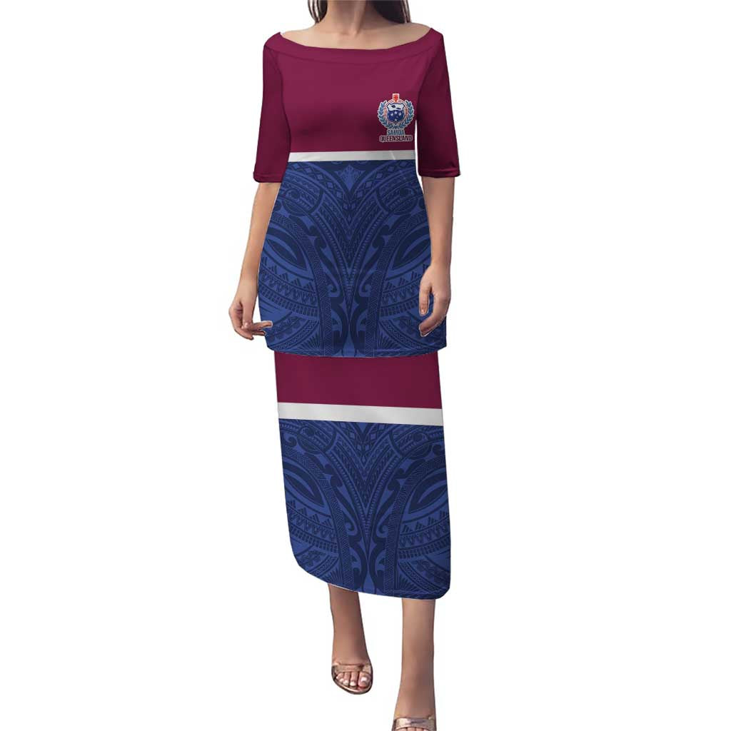 Queensland Samoa Custom Puletasi Maroon-Blue Pacific Polynesian Tribal Pattern LT9 Long Dress Dark Blue - Polynesian Pride