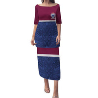 Queensland Samoa Custom Puletasi Maroon-Blue Pacific Polynesian Tribal Pattern LT9 Long Dress Dark Blue - Polynesian Pride