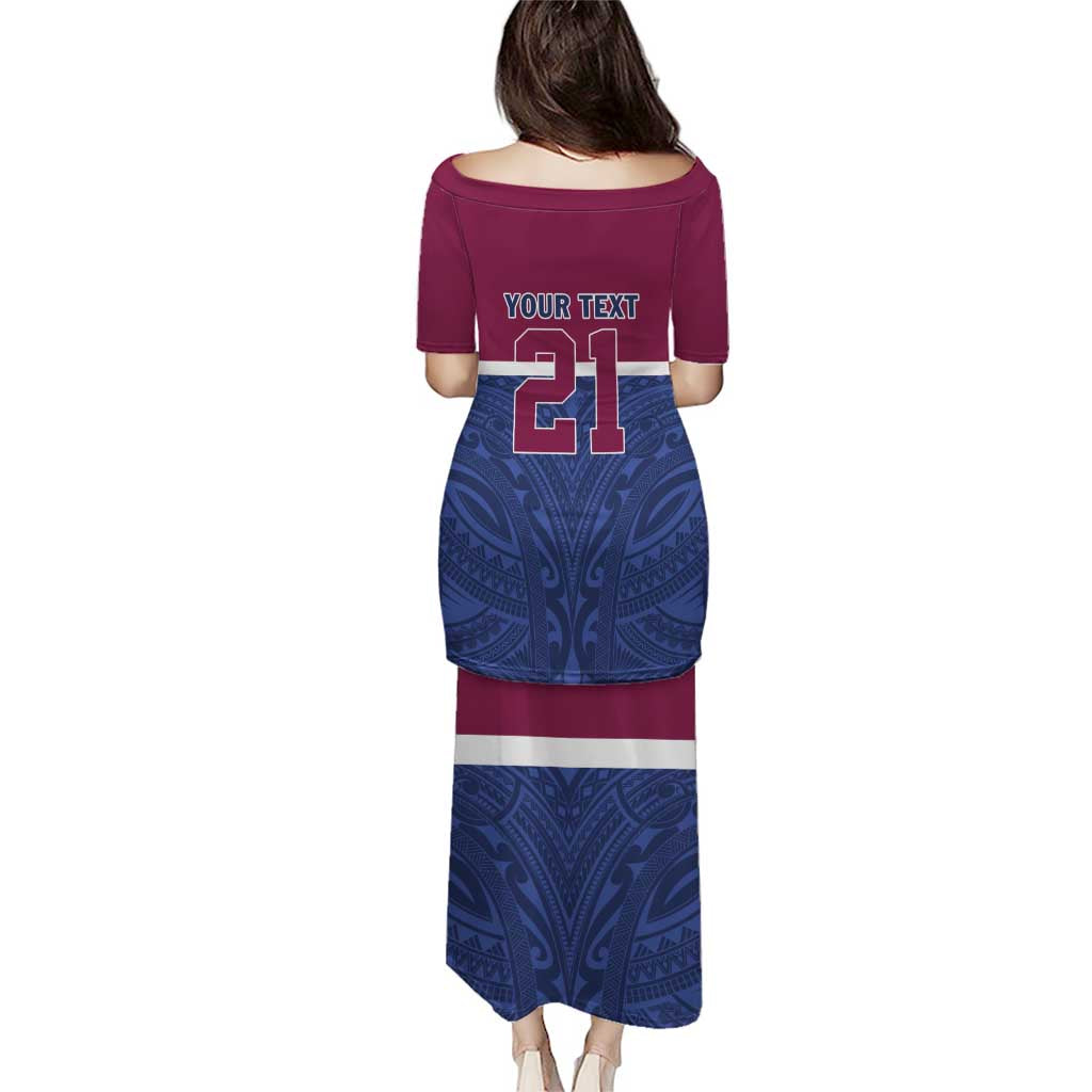 Queensland Samoa Custom Puletasi Maroon-Blue Pacific Polynesian Tribal Pattern LT9 - Polynesian Pride