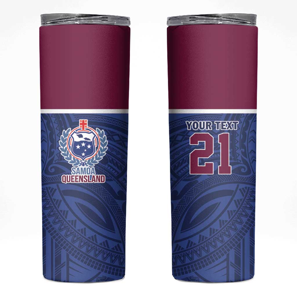 Queensland Samoa Custom Skinny Tumbler Maroon-Blue Pacific Polynesian Tribal Pattern