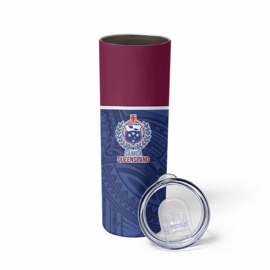 Queensland Samoa Custom Skinny Tumbler Maroon-Blue Pacific Polynesian Tribal Pattern