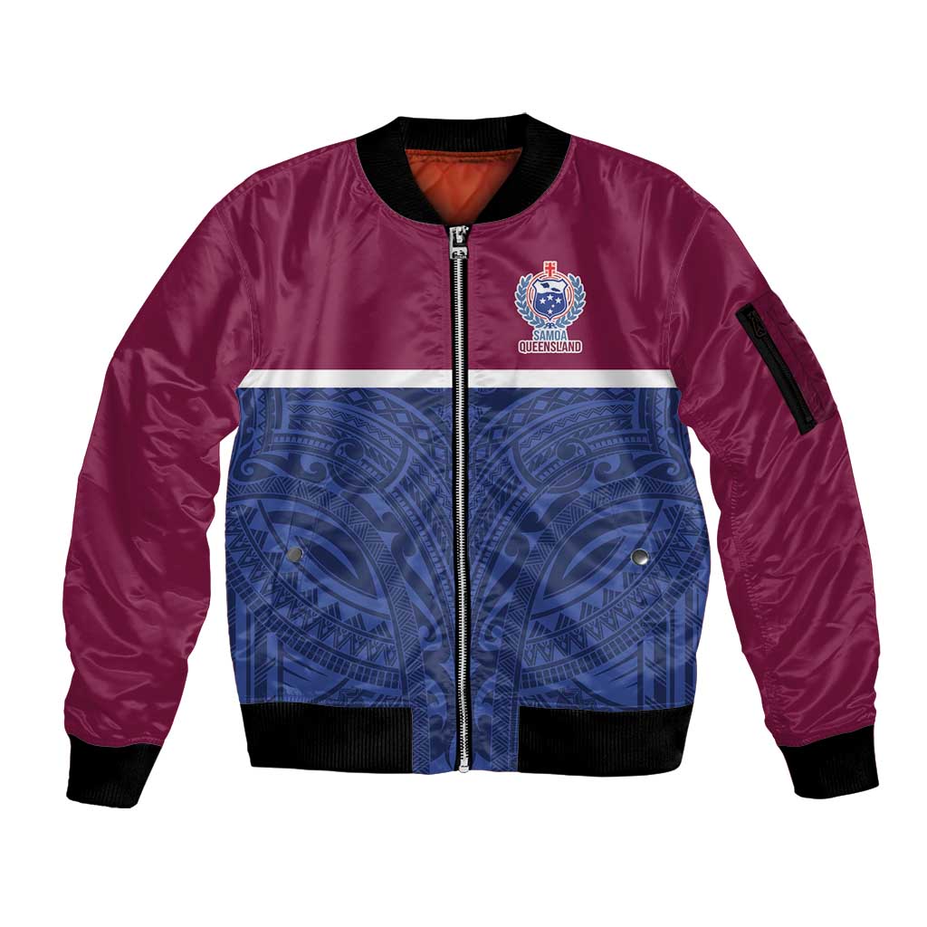 Queensland Samoa Custom Sleeve Zip Bomber Jacket Maroon-Blue Pacific Polynesian Tribal Pattern