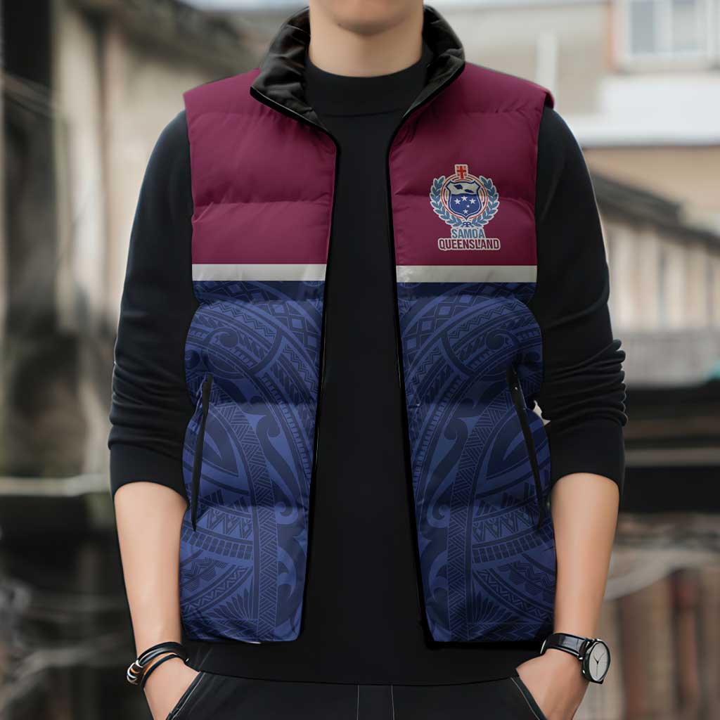 Queensland Samoa Custom Sleeveless Puffer Jacket Maroon-Blue Pacific Polynesian Tribal Pattern LT9 - Polynesian Pride