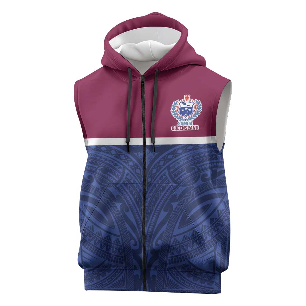 Queensland Samoa Custom Sleeveless Zip Hoodie Maroon-Blue Pacific Polynesian Tribal Pattern LT9 Dark Blue - Polynesian Pride