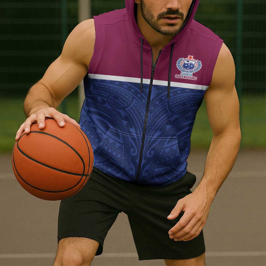 Queensland Samoa Custom Sleeveless Zip Hoodie Maroon-Blue Pacific Polynesian Tribal Pattern LT9 - Polynesian Pride