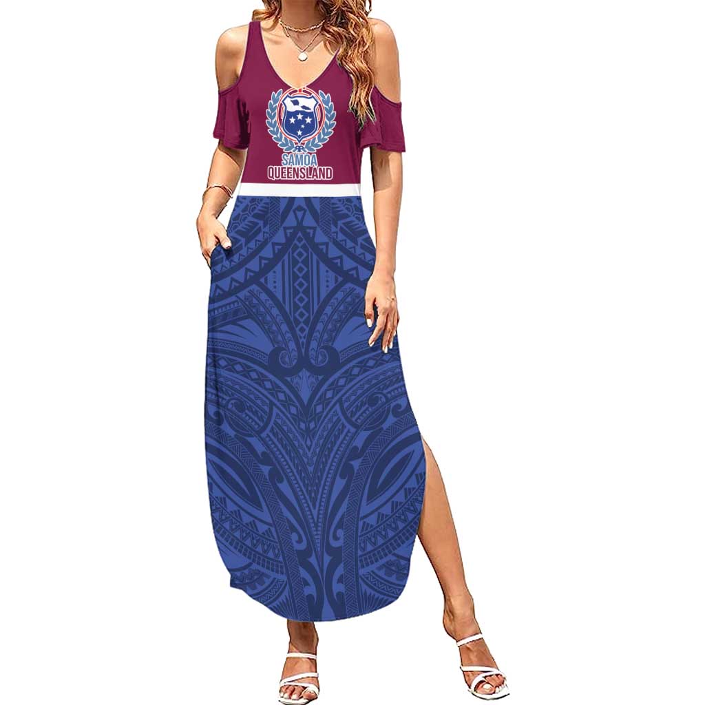 Queensland Samoa Custom Summer Maxi Dress Maroon-Blue Pacific Polynesian Tribal Pattern LT9 Women Dark Blue - Polynesian Pride
