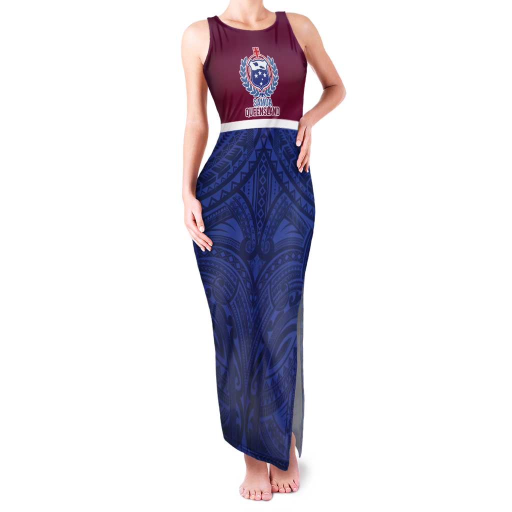 Queensland Samoa Custom Tank Maxi Dress Maroon-Blue Pacific Polynesian Tribal Pattern LT9 Women Dark Blue - Polynesian Pride