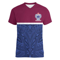 Queensland Samoa Custom Women V-Neck T-Shirt Maroon-Blue Pacific Polynesian Tribal Pattern