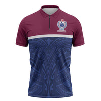 Queensland Samoa Custom Zipper Polo Shirt Maroon-Blue Pacific Polynesian Tribal Pattern - Polynesian Pride