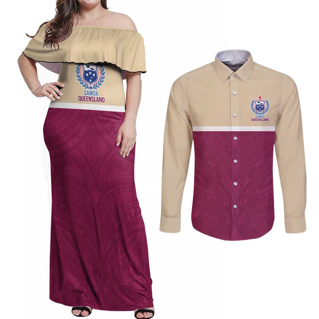 Queensland Samoa Custom Couples Matching Off Shoulder Maxi Dress and Long Sleeve Button Shirt Maroon Pacific Polynesian Tribal Pattern LT9 Maroon - Polynesian Pride