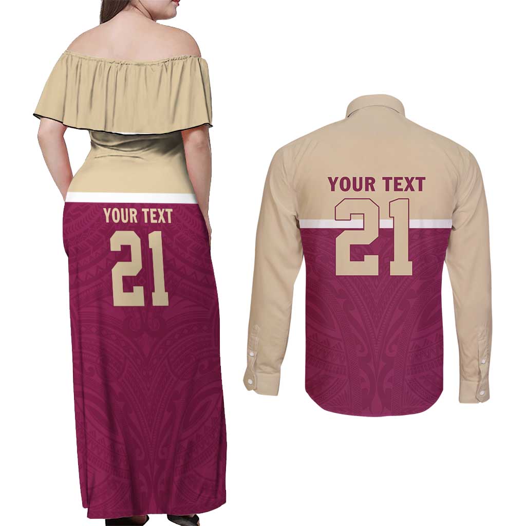 Queensland Samoa Custom Couples Matching Off Shoulder Maxi Dress and Long Sleeve Button Shirt Maroon Pacific Polynesian Tribal Pattern LT9 - Polynesian Pride