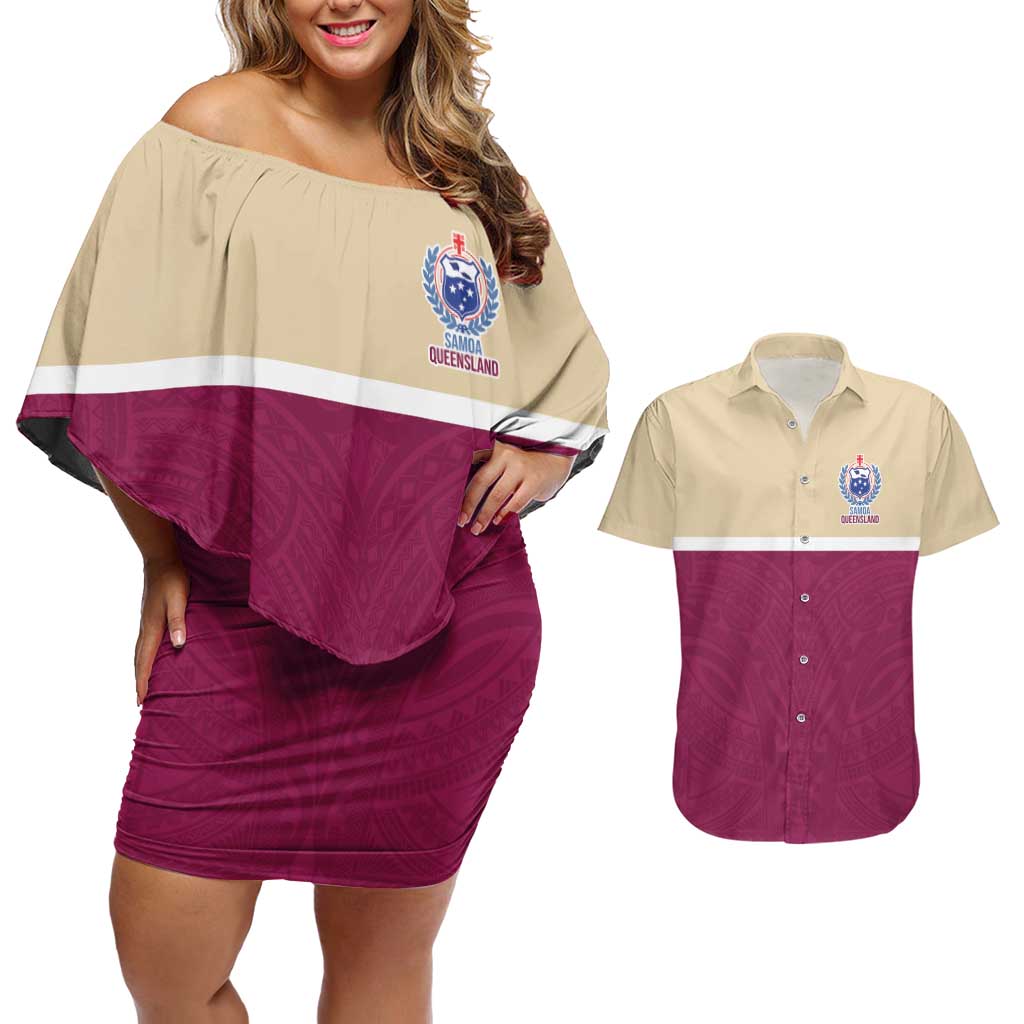 Queensland Samoa Custom Couples Matching Off Shoulder Short Dress and Hawaiian Shirt Maroon Pacific Polynesian Tribal Pattern LT9 Maroon - Polynesian Pride