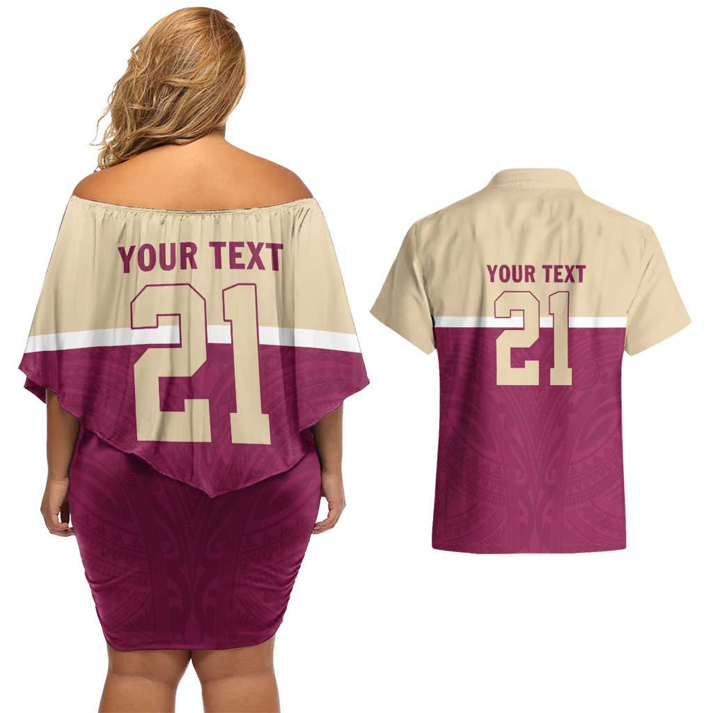 Queensland Samoa Custom Couples Matching Off Shoulder Short Dress and Hawaiian Shirt Maroon Pacific Polynesian Tribal Pattern LT9 - Polynesian Pride