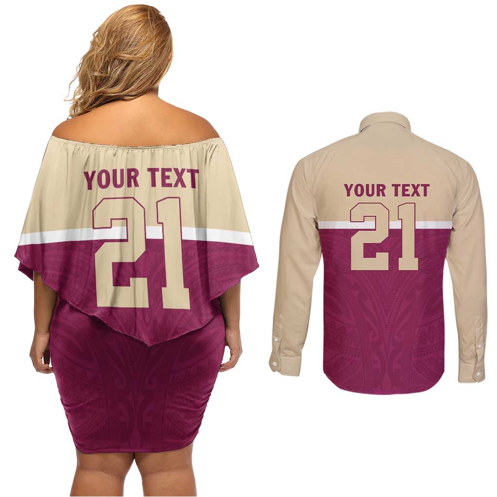 Queensland Samoa Custom Couples Matching Off Shoulder Short Dress and Long Sleeve Button Shirt Maroon Pacific Polynesian Tribal Pattern LT9 - Polynesian Pride