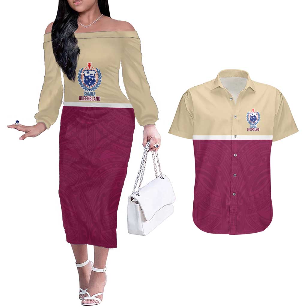 Queensland Samoa Custom Couples Matching Off The Shoulder Long Sleeve Dress and Hawaiian Shirt Maroon Pacific Polynesian Tribal Pattern LT9 Maroon - Polynesian Pride