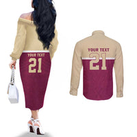Queensland Samoa Custom Couples Matching Off The Shoulder Long Sleeve Dress and Long Sleeve Button Shirt Maroon Pacific Polynesian Tribal Pattern LT9 - Polynesian Pride