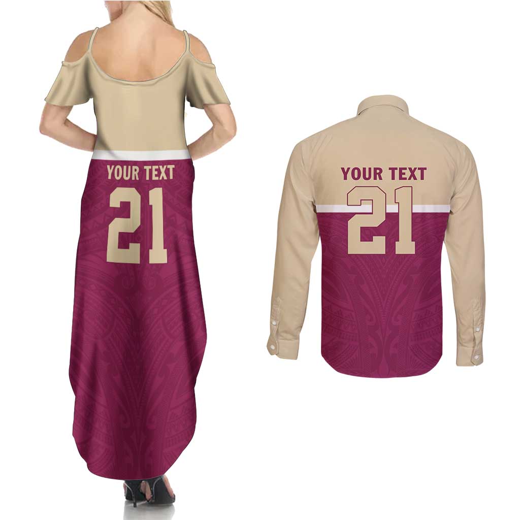 Queensland Samoa Custom Couples Matching Summer Maxi Dress and Long Sleeve Button Shirt Maroon Pacific Polynesian Tribal Pattern LT9 - Polynesian Pride