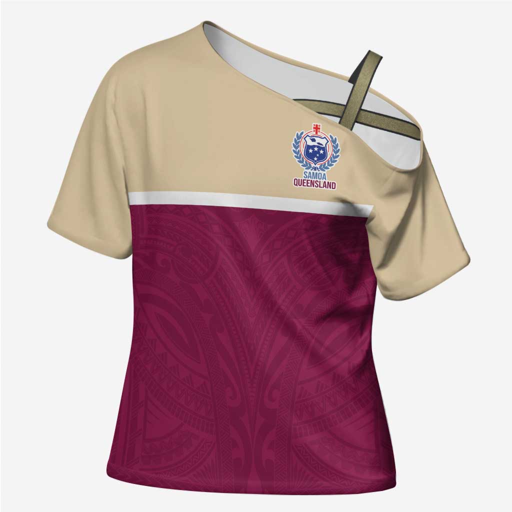 Queensland Samoa Custom Cross Shoulder Shirt Maroon Pacific Polynesian Tribal Pattern LT9 Female Maroon - Polynesian Pride