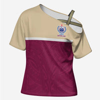 Queensland Samoa Custom Cross Shoulder Shirt Maroon Pacific Polynesian Tribal Pattern LT9 Female Maroon - Polynesian Pride