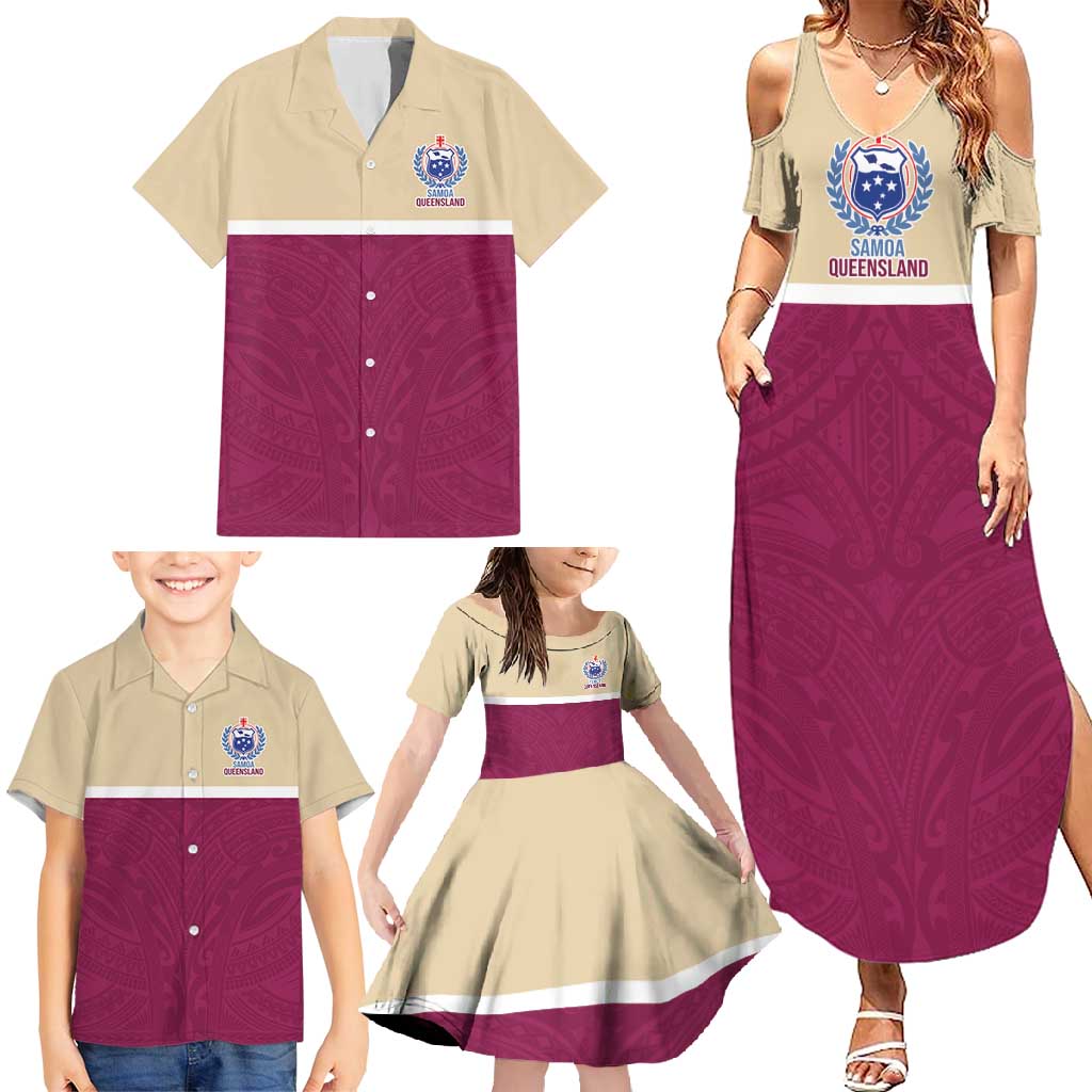 Queensland Samoa Custom Family Matching Summer Maxi Dress and Hawaiian Shirt Maroon Pacific Polynesian Tribal Pattern