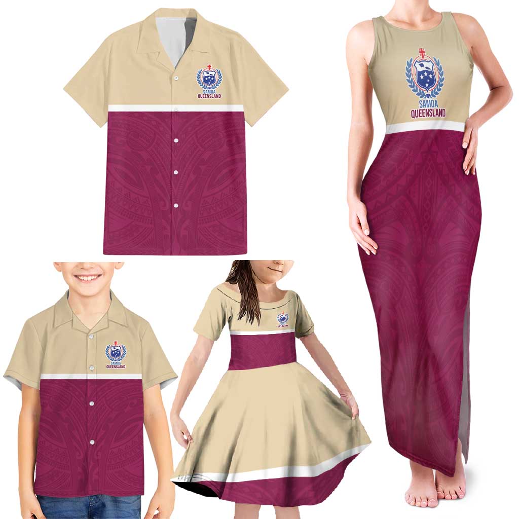 Queensland Samoa Custom Family Matching Tank Maxi Dress and Hawaiian Shirt Maroon Pacific Polynesian Tribal Pattern