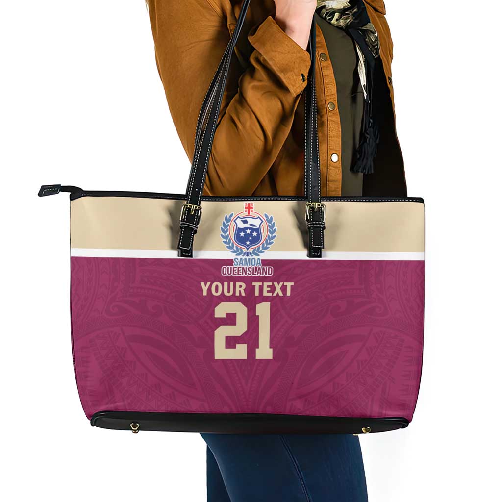 Queensland Samoa Custom Leather Tote Bag Maroon Pacific Polynesian Tribal Pattern