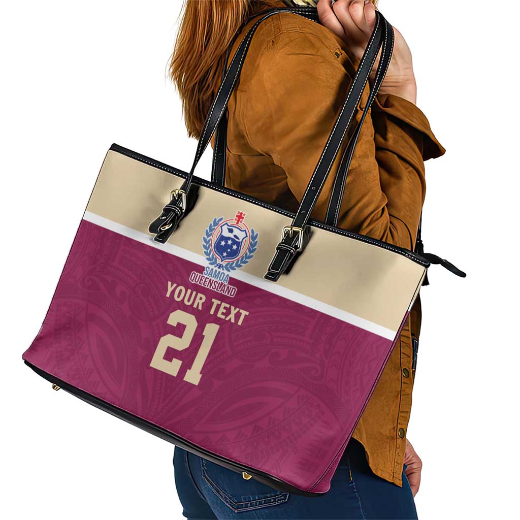 Queensland Samoa Custom Leather Tote Bag Maroon Pacific Polynesian Tribal Pattern