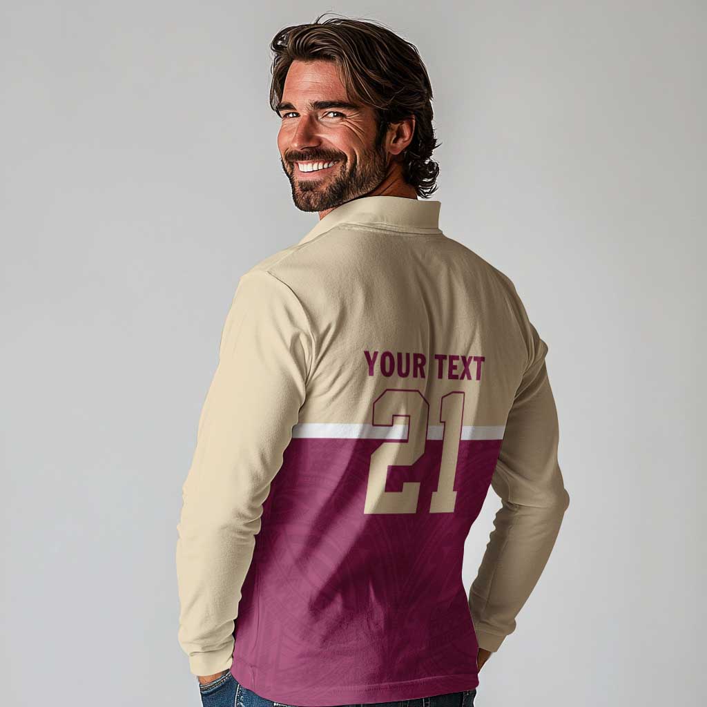 Queensland Samoa Custom Long Sleeve Polo Shirt Maroon Pacific Polynesian Tribal Pattern