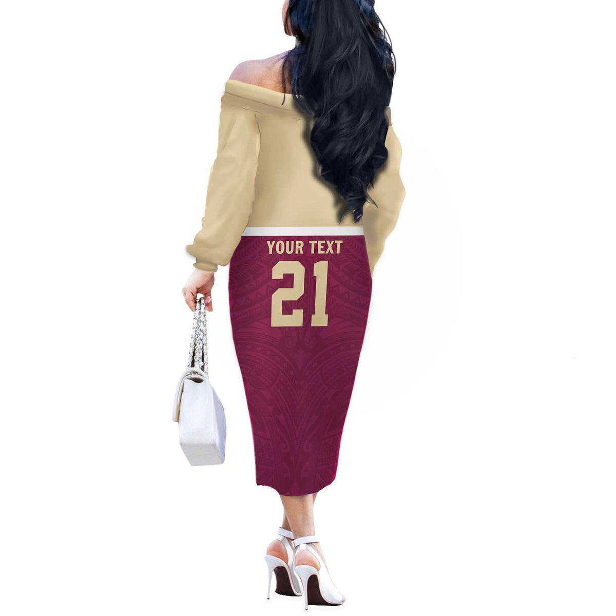 Queensland Samoa Custom Off The Shoulder Long Sleeve Dress Maroon Pacific Polynesian Tribal Pattern