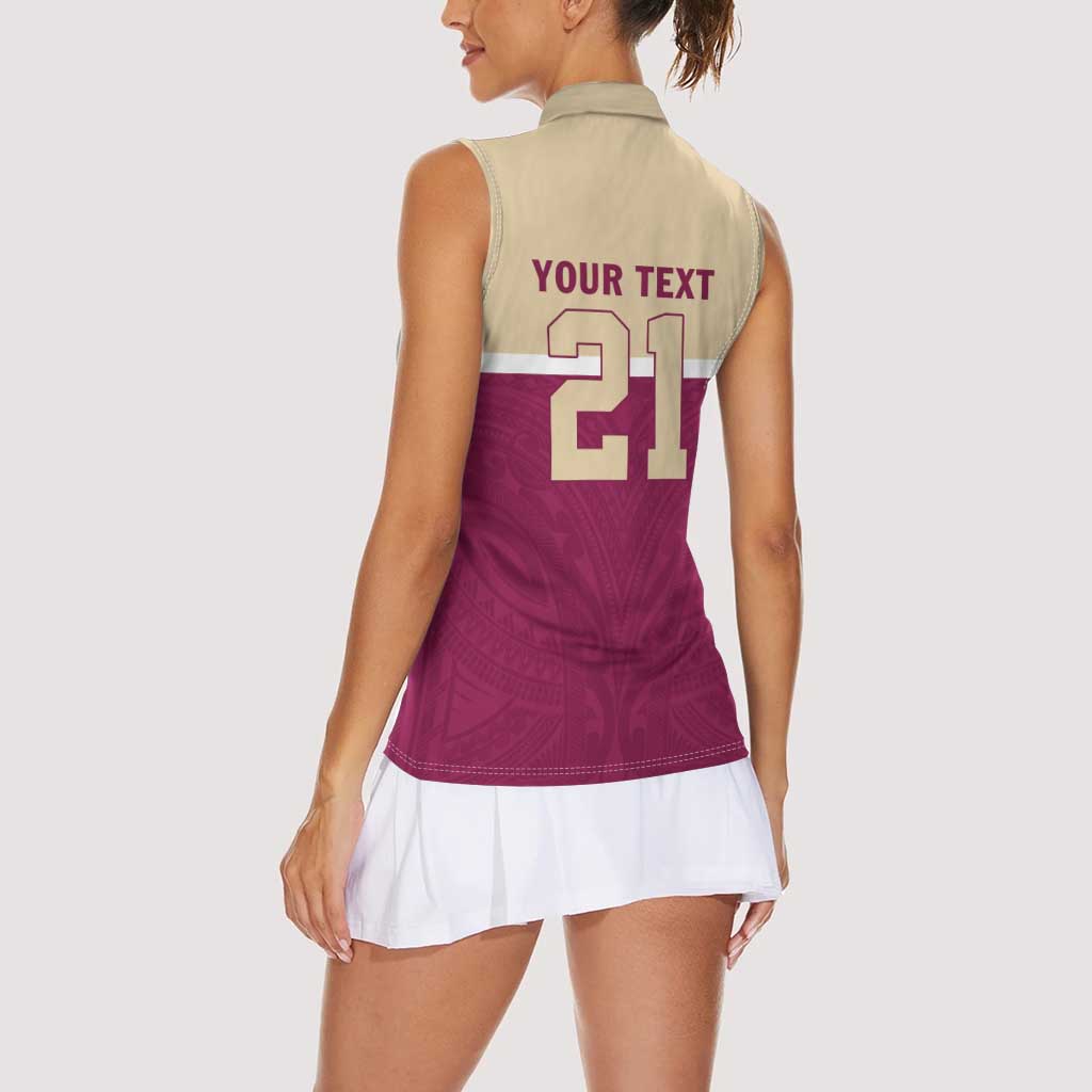 Queensland Samoa Custom Women Sleeveless Polo Shirt Maroon Pacific Polynesian Tribal Pattern