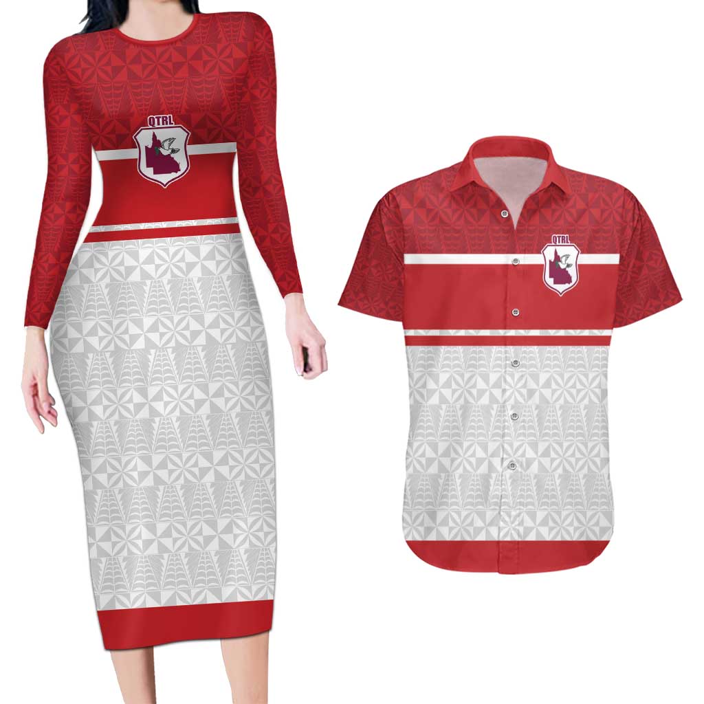 Queensland Tonga Custom Couples Matching Long Sleeve Bodycon Dress and Hawaiian Shirt QLD with Tongan Ngatu Pattern LT9 Red - Polynesian Pride