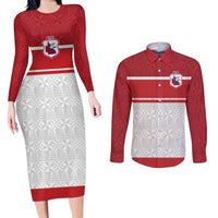 Queensland Tonga Custom Couples Matching Long Sleeve Bodycon Dress and Long Sleeve Button Shirt QLD with Tongan Ngatu Pattern LT9 Red - Polynesian Pride