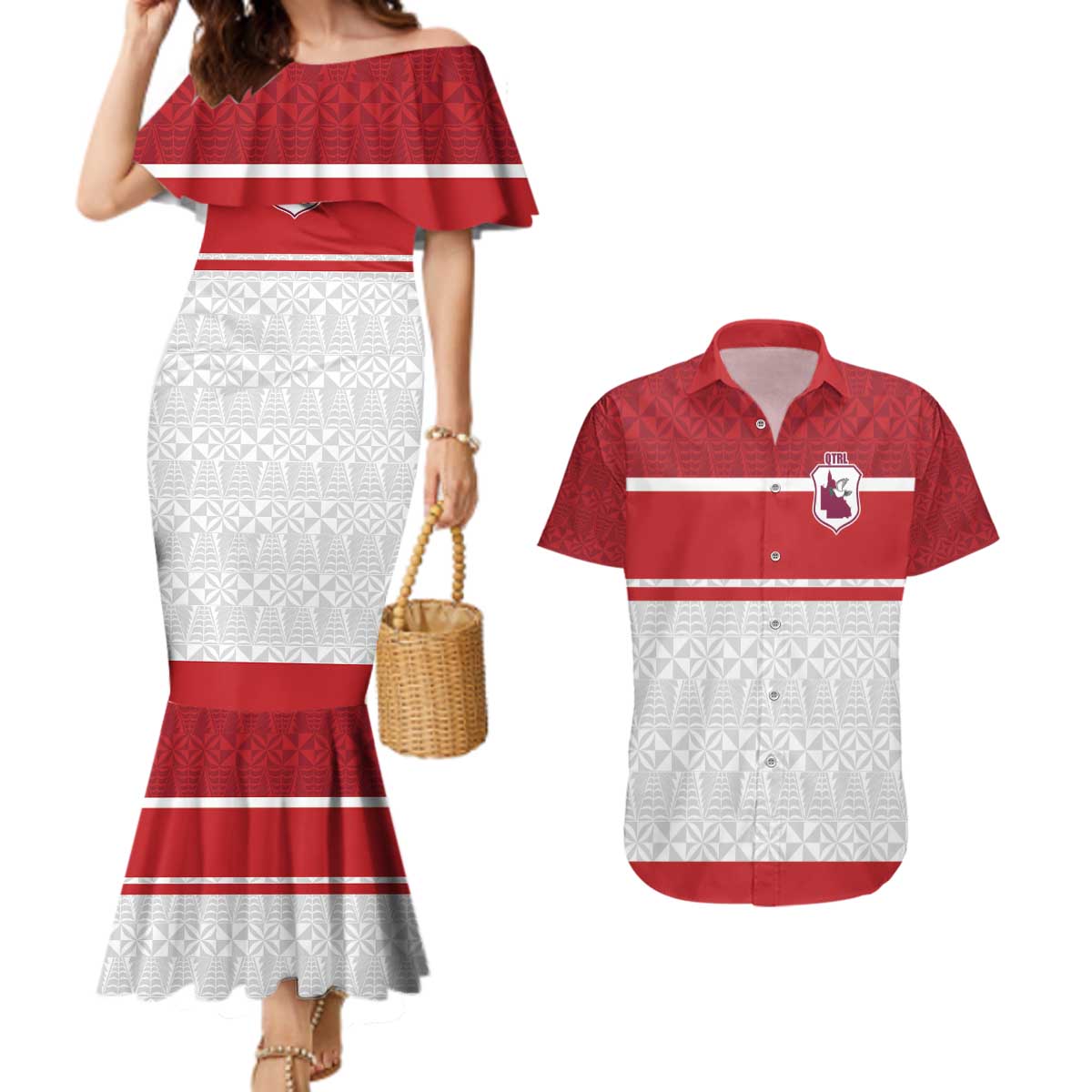 Queensland Tonga Custom Couples Matching Mermaid Dress and Hawaiian Shirt QLD with Tongan Ngatu Pattern LT9 Red - Polynesian Pride