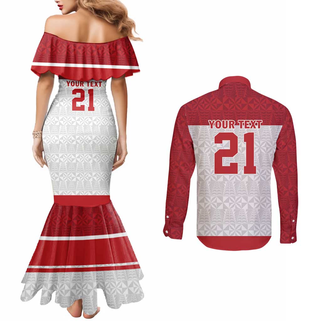 Queensland Tonga Custom Couples Matching Mermaid Dress and Long Sleeve Button Shirt QLD with Tongan Ngatu Pattern LT9 - Polynesian Pride