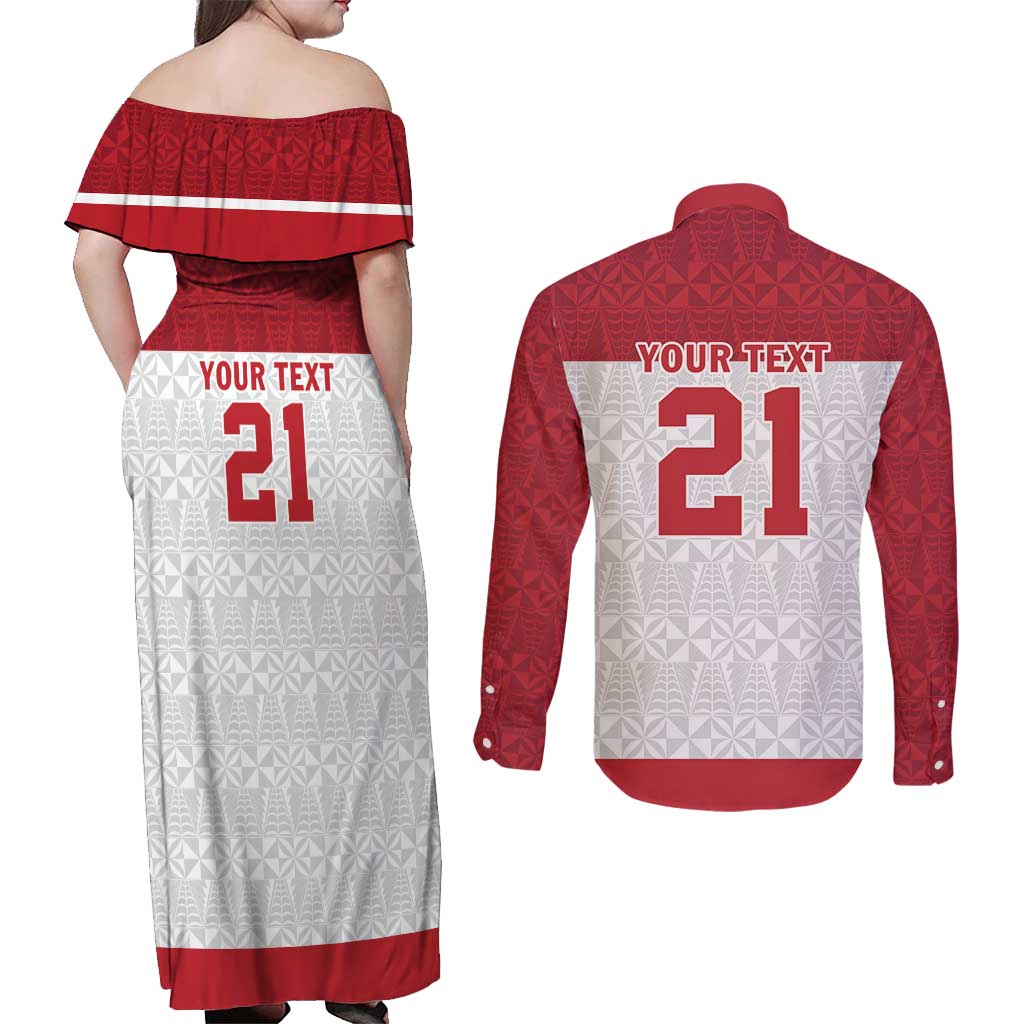 Queensland Tonga Custom Couples Matching Off Shoulder Maxi Dress and Long Sleeve Button Shirt QLD with Tongan Ngatu Pattern