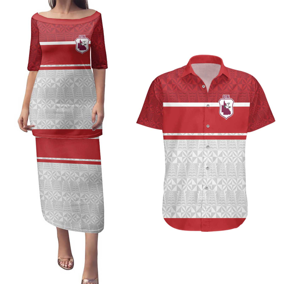 Queensland Tonga Custom Couples Matching Puletasi and Hawaiian Shirt QLD with Tongan Ngatu Pattern LT9 Red - Polynesian Pride