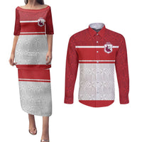 Queensland Tonga Custom Couples Matching Puletasi and Long Sleeve Button Shirt QLD with Tongan Ngatu Pattern LT9 Red - Polynesian Pride