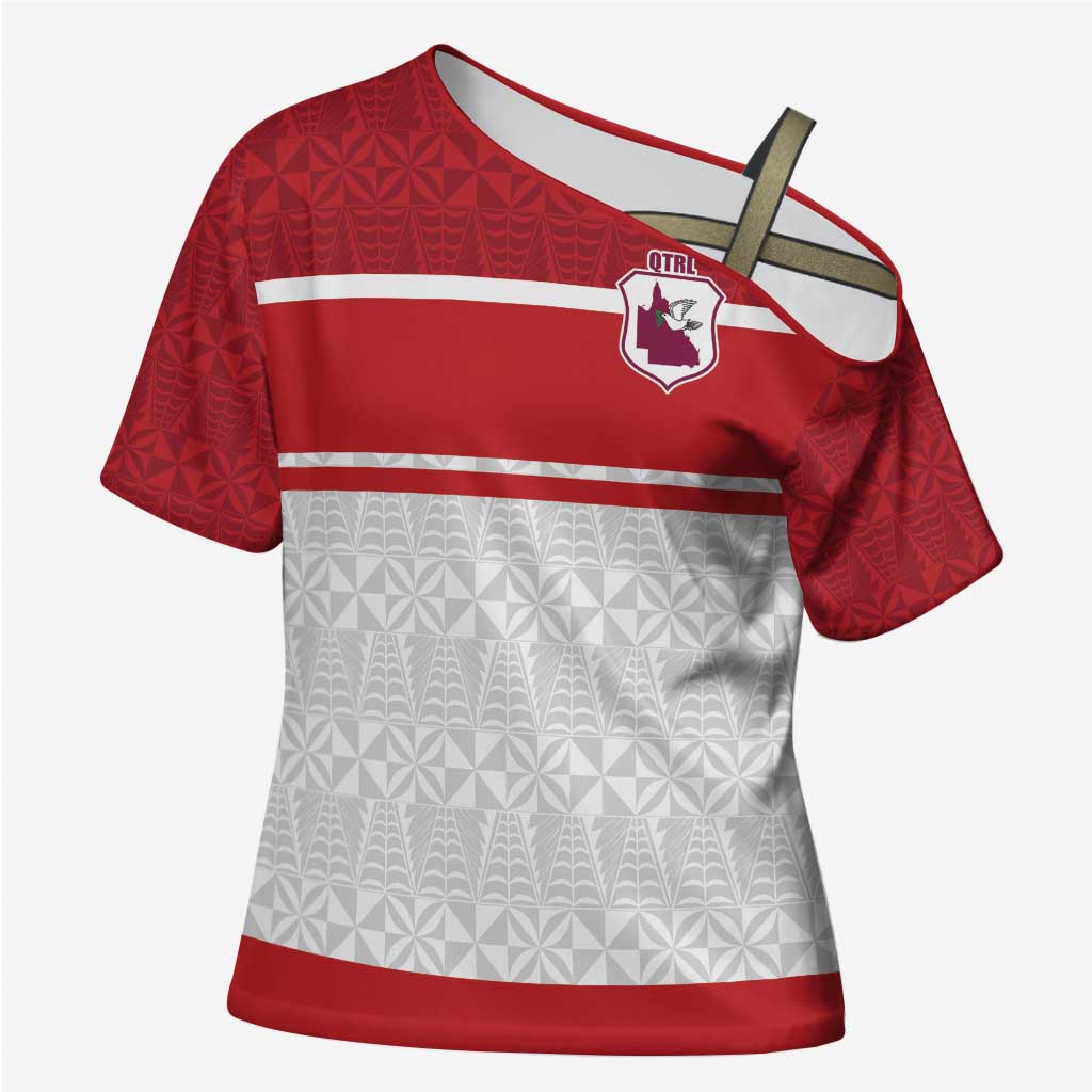 Queensland Tonga Custom Cross Shoulder Shirt QLD with Tongan Ngatu Pattern LT9 Female Red - Polynesian Pride