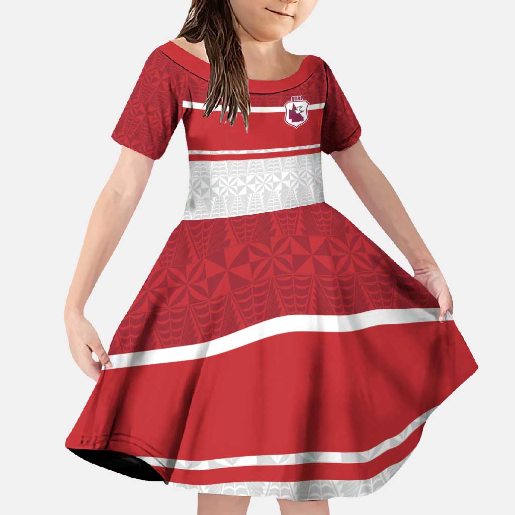 Queensland Tonga Custom Family Matching Mermaid Dress and Hawaiian Shirt QLD with Tongan Ngatu Pattern LT9 Daughter's Dress Red - Polynesian Pride