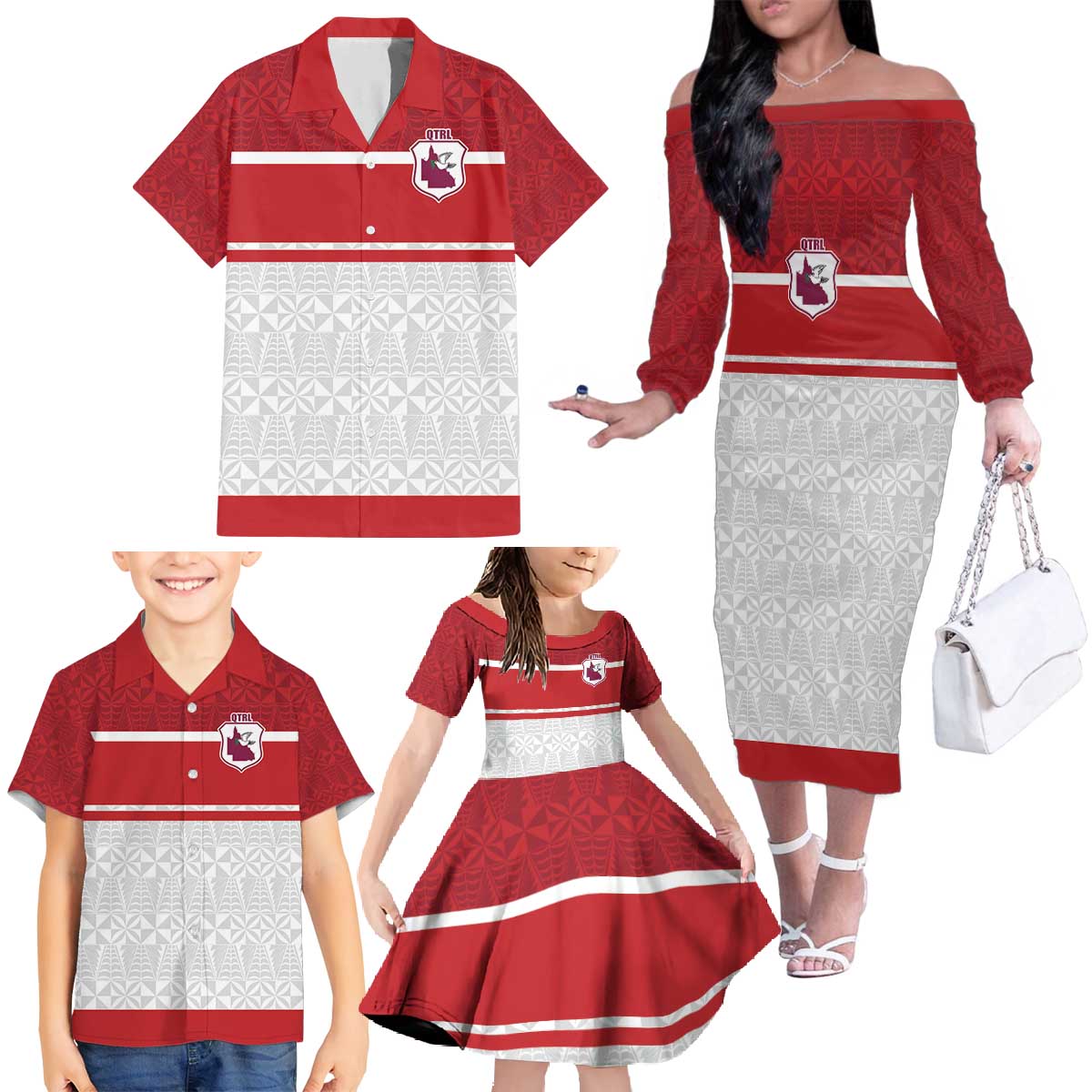 Queensland Tonga Custom Family Matching Off The Shoulder Long Sleeve Dress and Hawaiian Shirt QLD with Tongan Ngatu Pattern LT9 - Polynesian Pride
