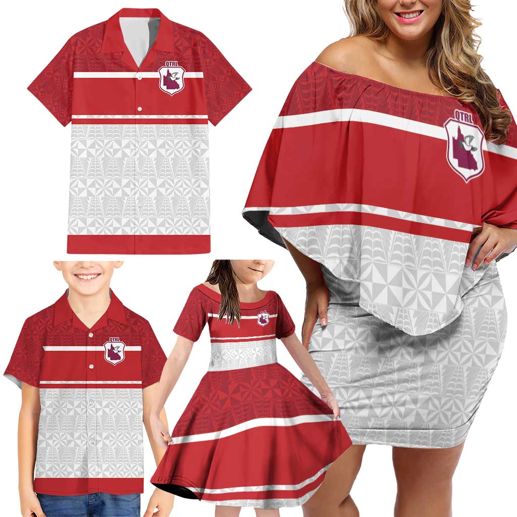 Queensland Tonga Custom Family Matching Off Shoulder Short Dress and Hawaiian Shirt QLD with Tongan Ngatu Pattern