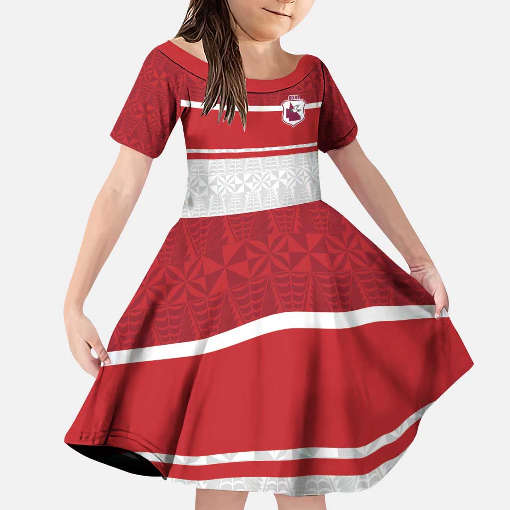 Queensland Tonga Custom Family Matching Puletasi and Hawaiian Shirt QLD with Tongan Ngatu Pattern LT9 Daughter's Dress Red - Polynesian Pride