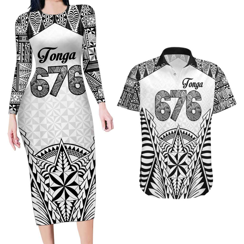 Personalised Tonga 676 Couples Matching Long Sleeve Bodycon Dress and Hawaiian Shirt Tribal Kupesi Ngatu Unique LT9 White - Polynesian Pride