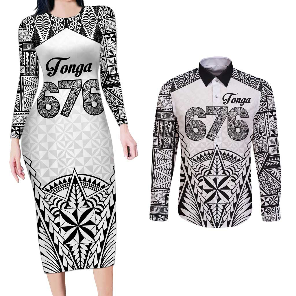 Personalised Tonga 676 Couples Matching Long Sleeve Bodycon Dress and Long Sleeve Button Shirt Tribal Kupesi Ngatu Unique LT9 White - Polynesian Pride