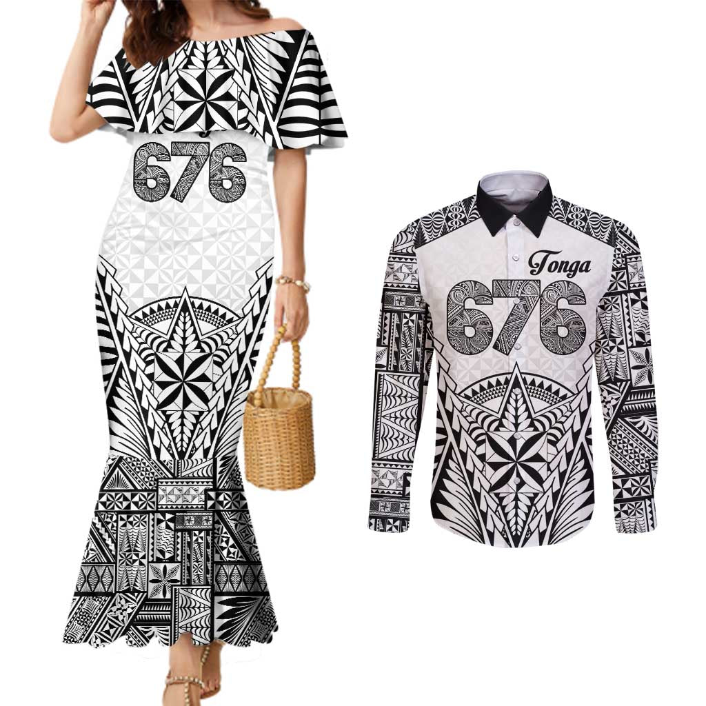 Personalised Tonga 676 Couples Matching Mermaid Dress and Long Sleeve Button Shirt Tribal Kupesi Ngatu Unique LT9 White - Polynesian Pride