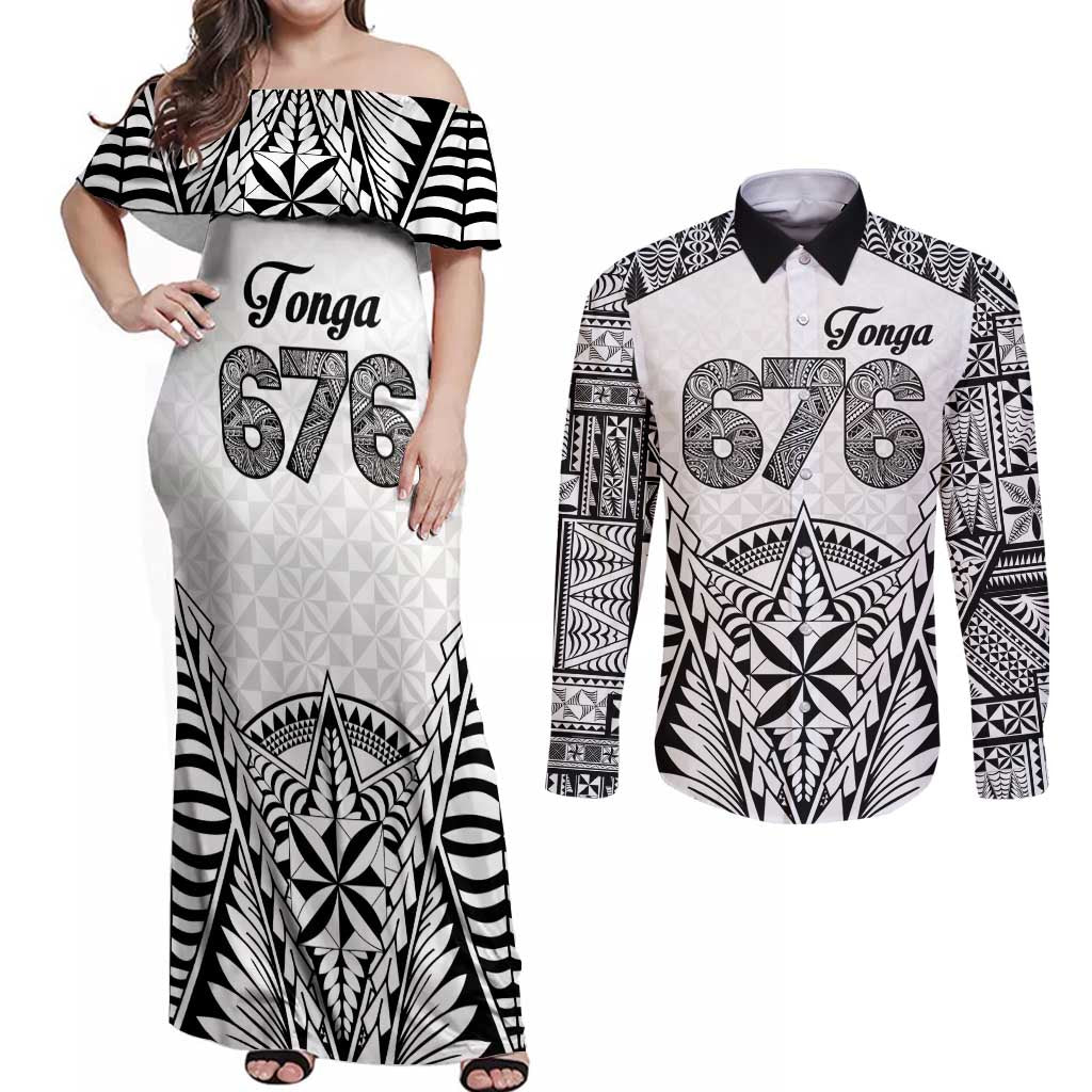 Personalised Tonga 676 Couples Matching Off Shoulder Maxi Dress and Long Sleeve Button Shirt Tribal Kupesi Ngatu Unique