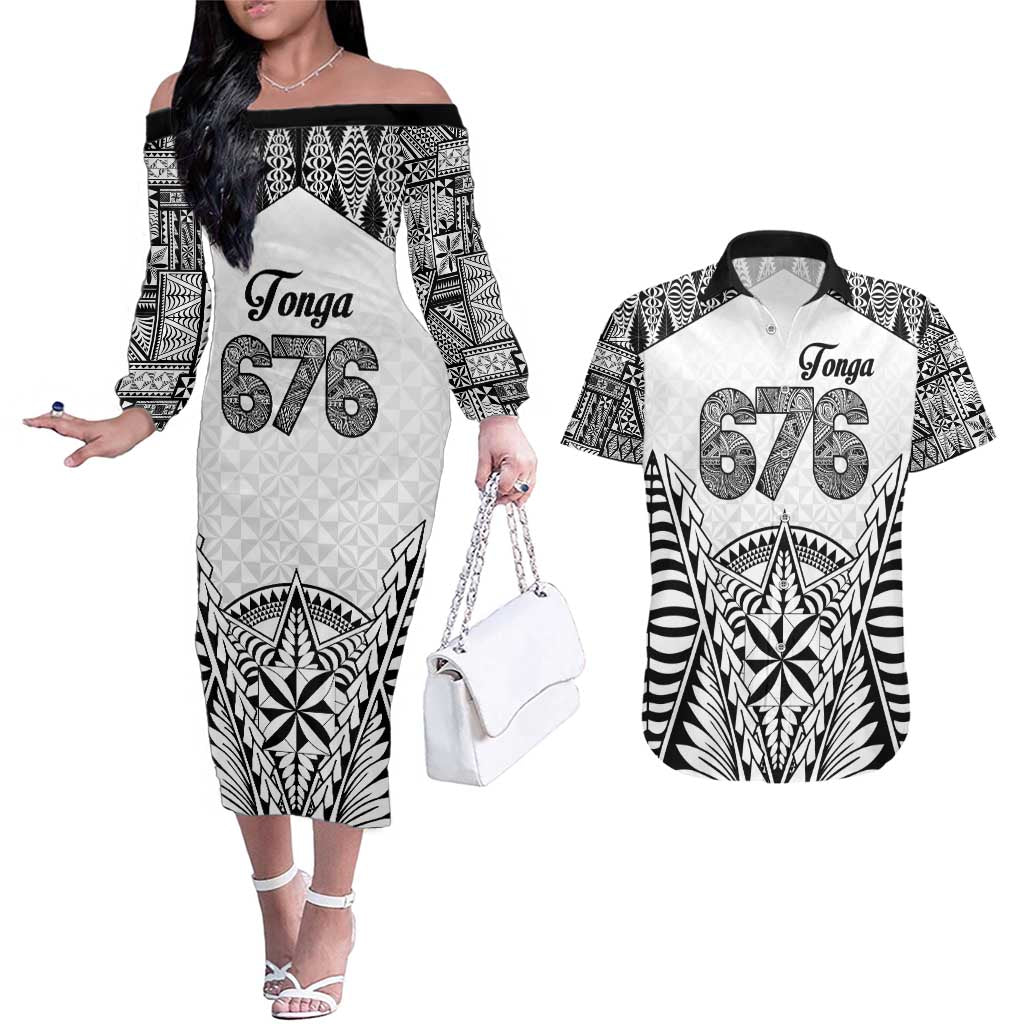 Personalised Tonga 676 Couples Matching Off The Shoulder Long Sleeve Dress and Hawaiian Shirt Tribal Kupesi Ngatu Unique