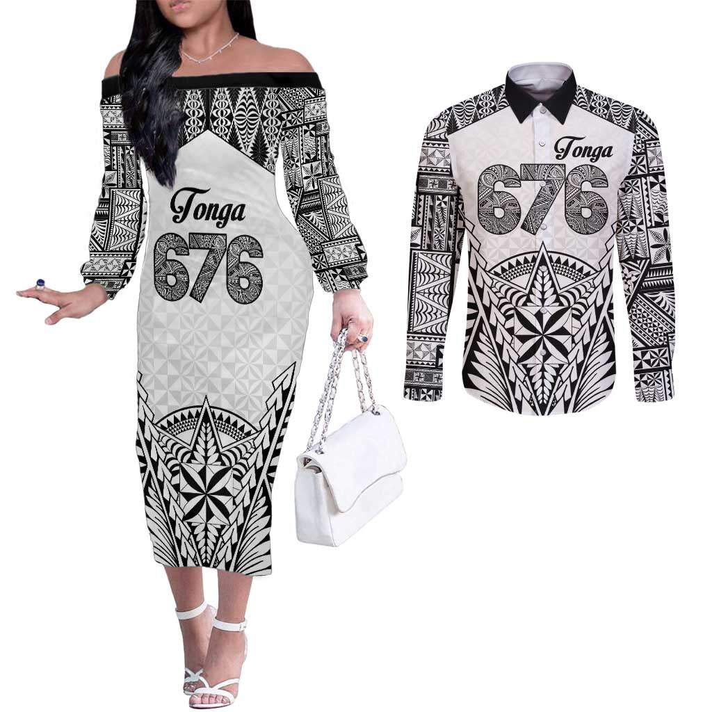 Personalised Tonga 676 Couples Matching Off The Shoulder Long Sleeve Dress and Long Sleeve Button Shirt Tribal Kupesi Ngatu Unique