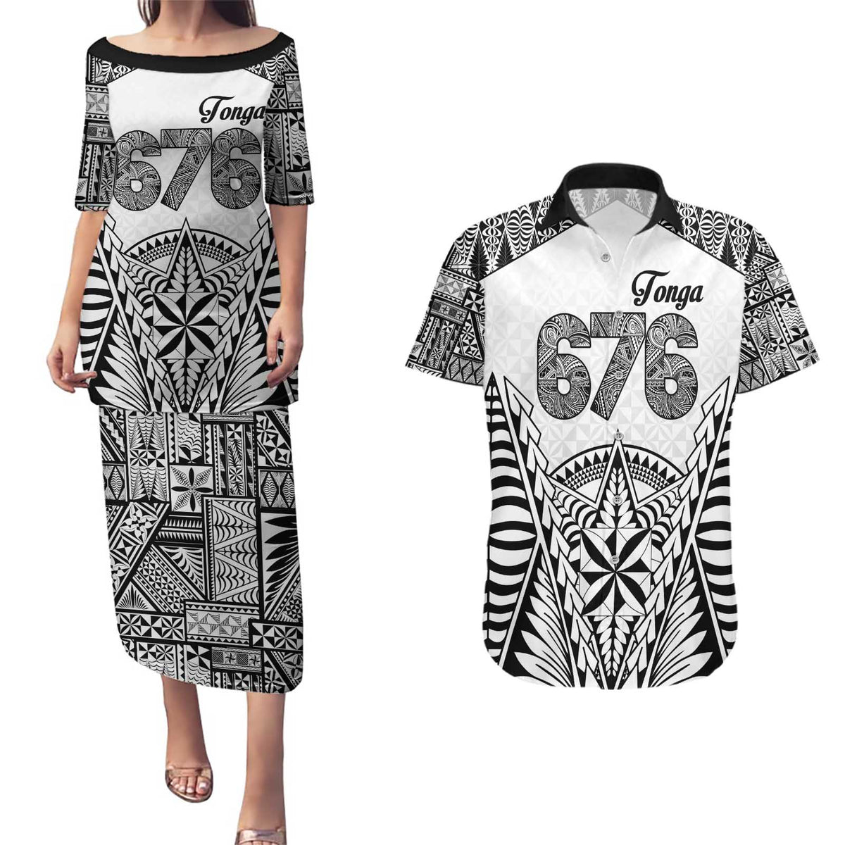 Personalised Tonga 676 Couples Matching Puletasi and Hawaiian Shirt Tribal Kupesi Ngatu Unique LT9 White - Polynesian Pride